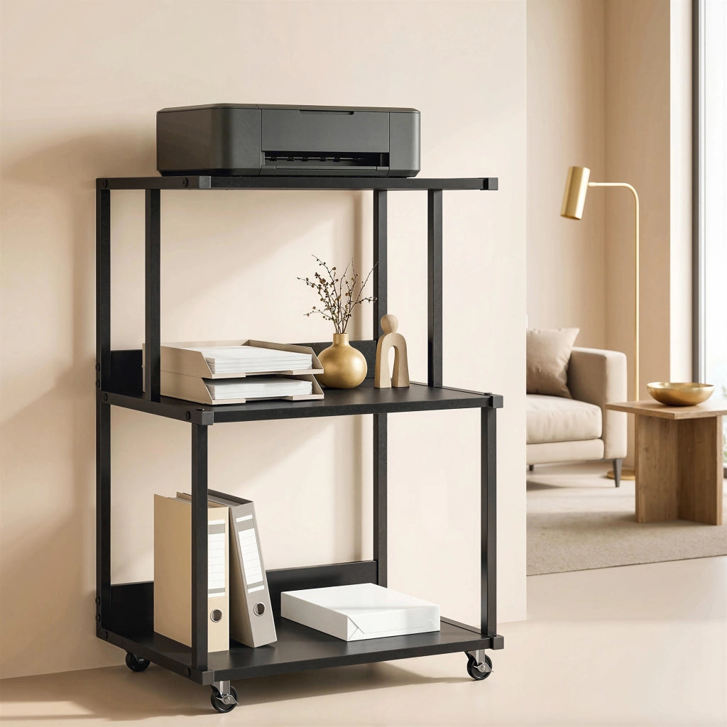 Mobile Supporto Stampante 3 livelli 50x40x75 cm con Ruote e Ripiani in Metallo Nero