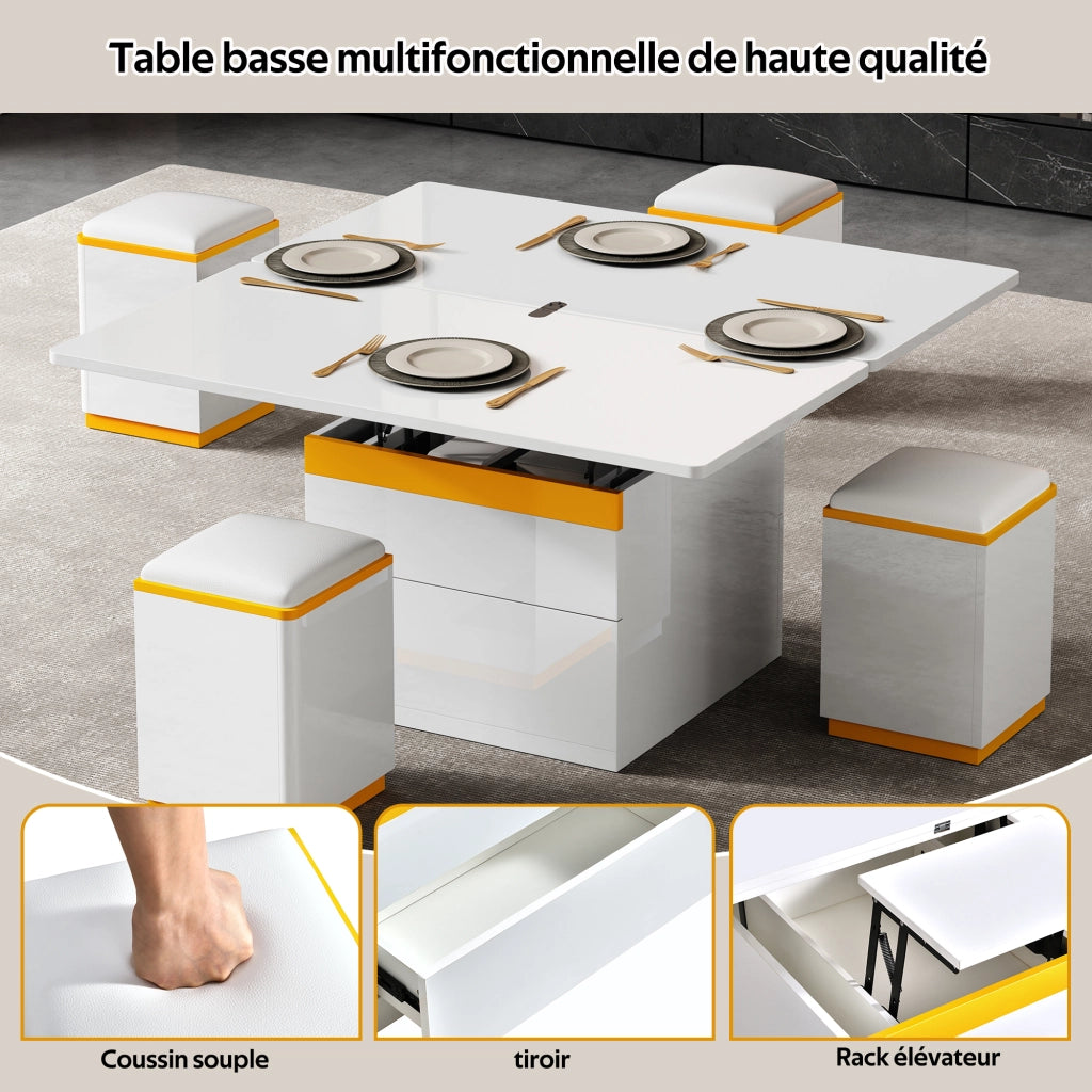 Tavolino da salotto alzabile con piano apribile, 1 cassetto, vani aperti e 4 sgabelli, bianco, 100 × 50 × 43 cm