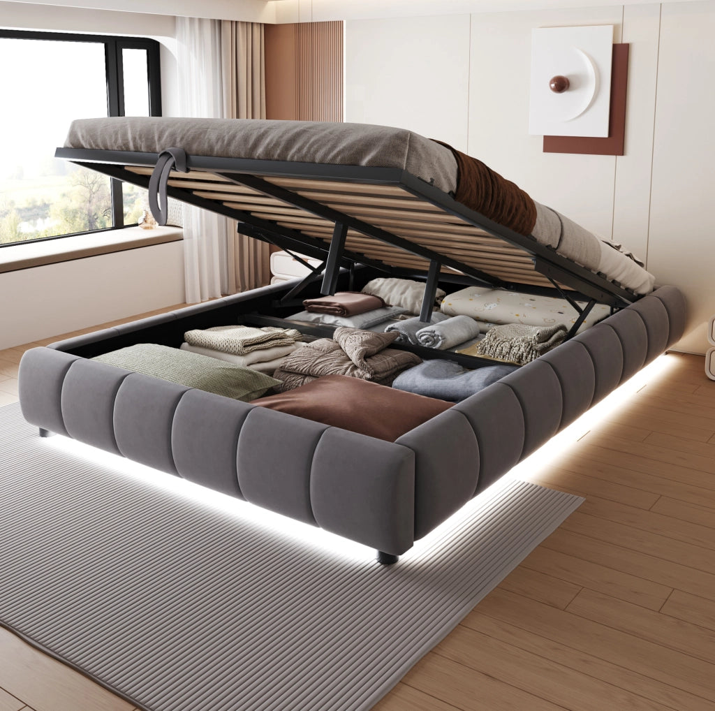 Letto imbottito 140x200 cm con contenitore e LED grigio