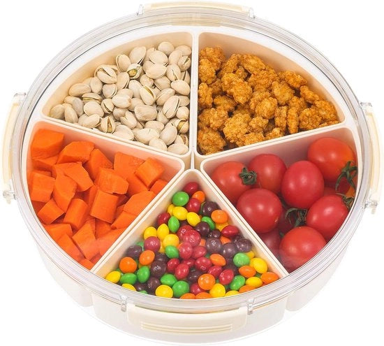 Scatola di conservazione per sale con coperchio - snack board con contenitori - divisione in plastica - contenitori per sale - cassetto di conservazione - organizzatore di scatole per snack - biscotti vegetali - noci e frutta (circolare)