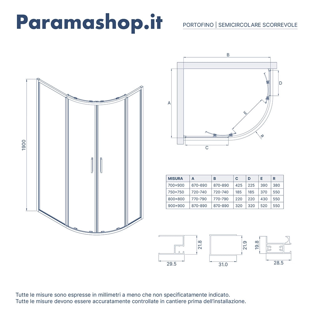 Box doccia semicircolare 75x75cm profili cromati slim vetro 6mm opaco h190 | Portofino
