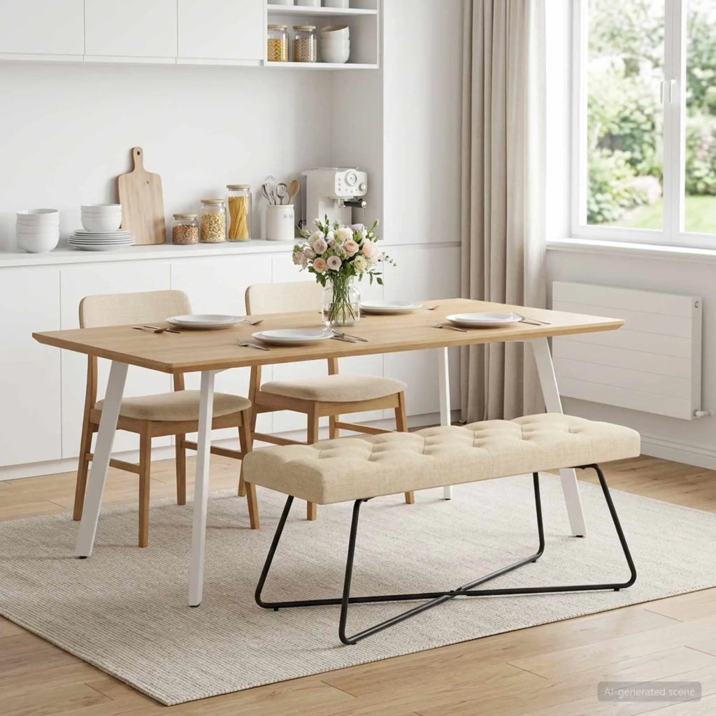 Panchina con bottoni imbottiti Crema 110 x 40 x 46 cm Tessuto 42038378
