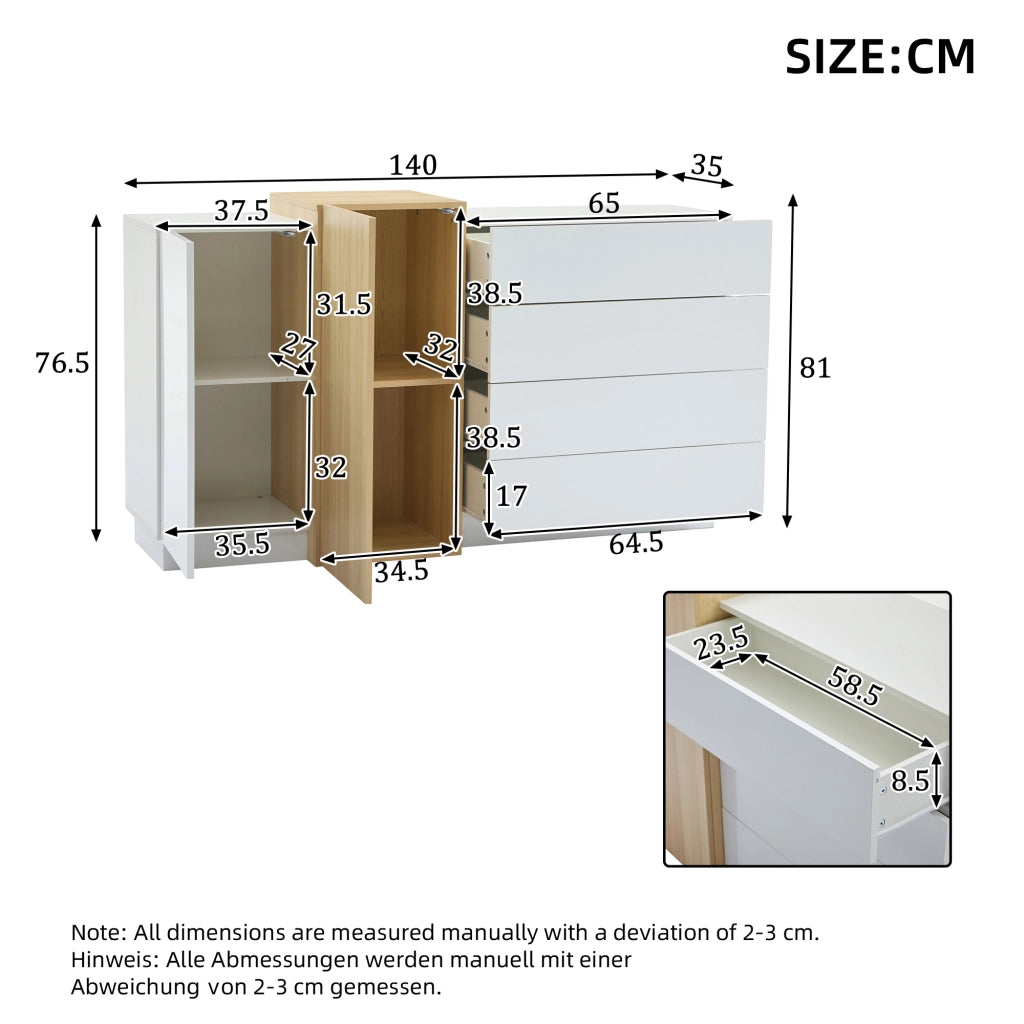 MADIA 140x35x76,5 cm Bianca lucida MDF con 4 cassetti e 2 ante