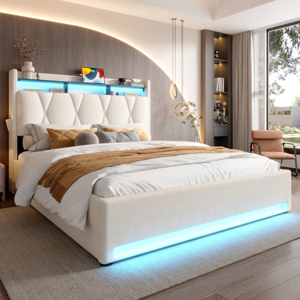 Letto Contenitore 140x200 cm con LED; USB e Type-C; Beige in Velluto