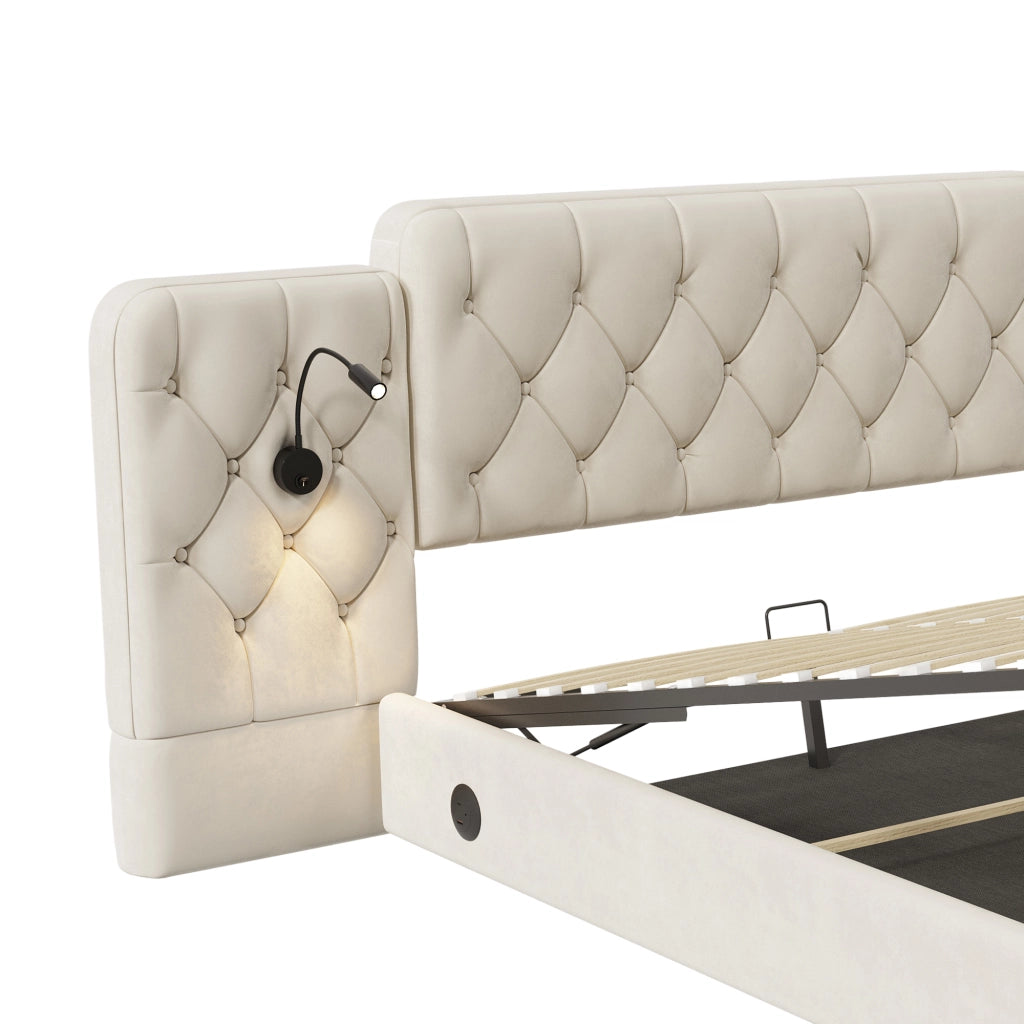 Letto contenitore matrimoniale 160×200 cm con USB; luci da lettura e materasso non incluso; velluto beige