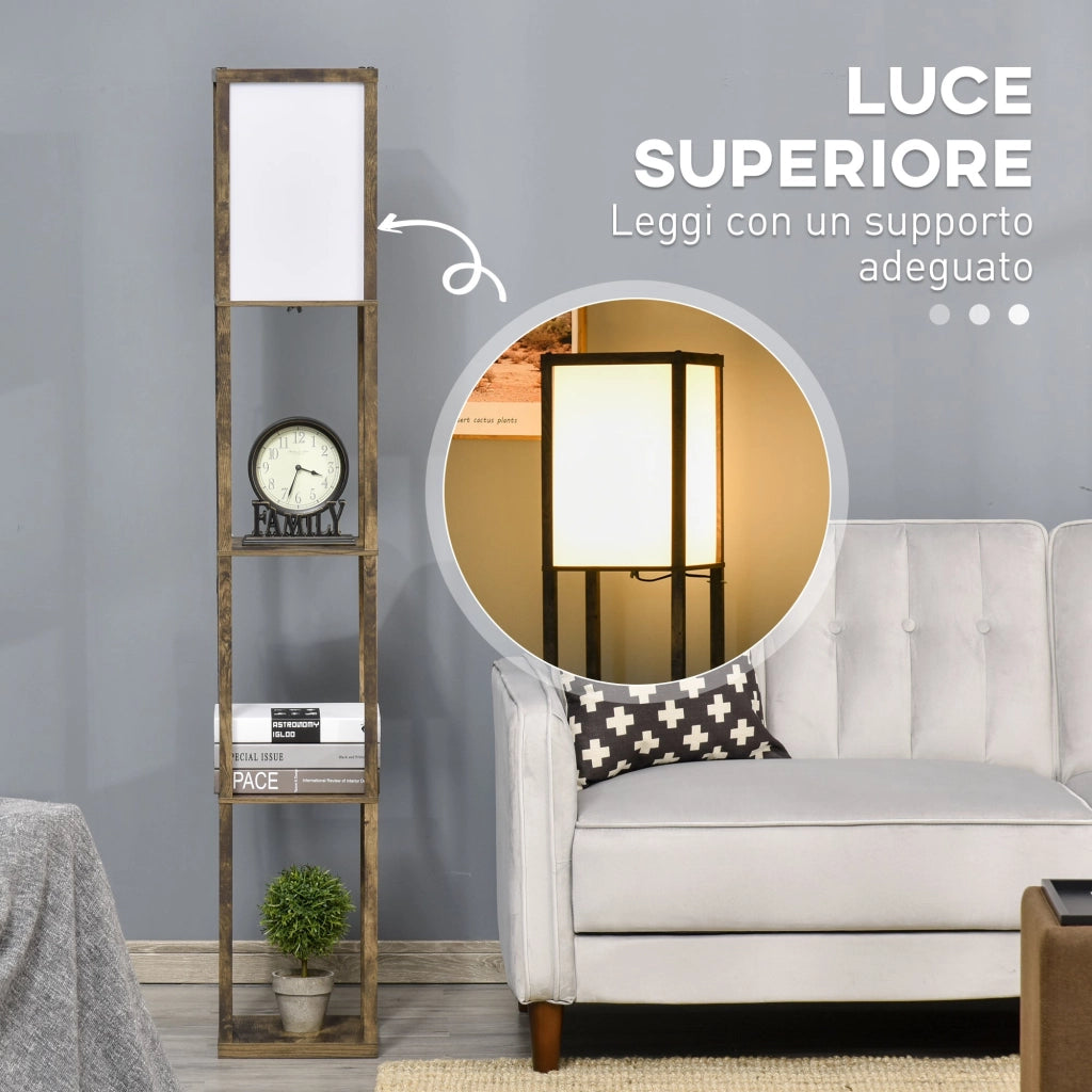 Lampada da Terra Attacco E27 Potenza 40W con Mensole in MDF Colore Legno