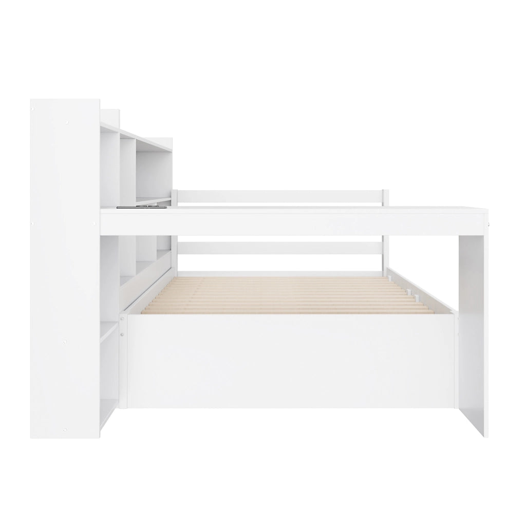 Divano letto multifunzionale 90x200 cm con scrivania; libreria; prese USB; bianco