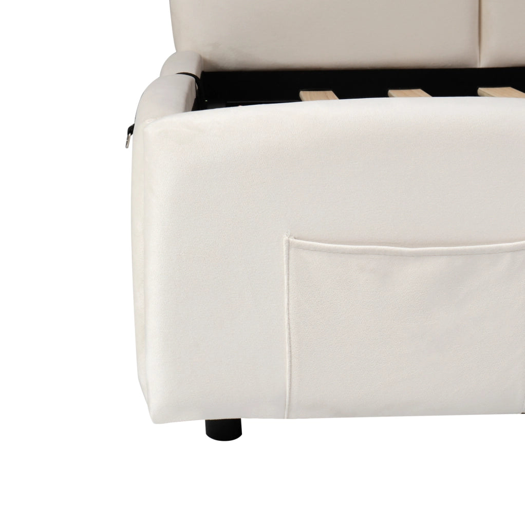 Letto singolo imbottito 90x200 cm con contenitore, USB e tasca laterale