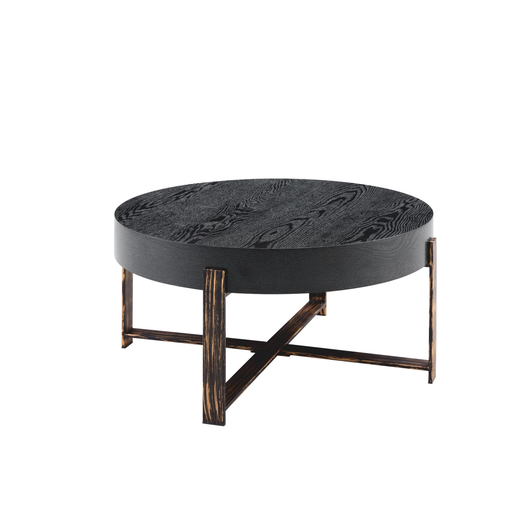 Tavolino rotondo da salotto 68 cm in stile industriale vintage, piano MDF nero effetto legno e base in metallo