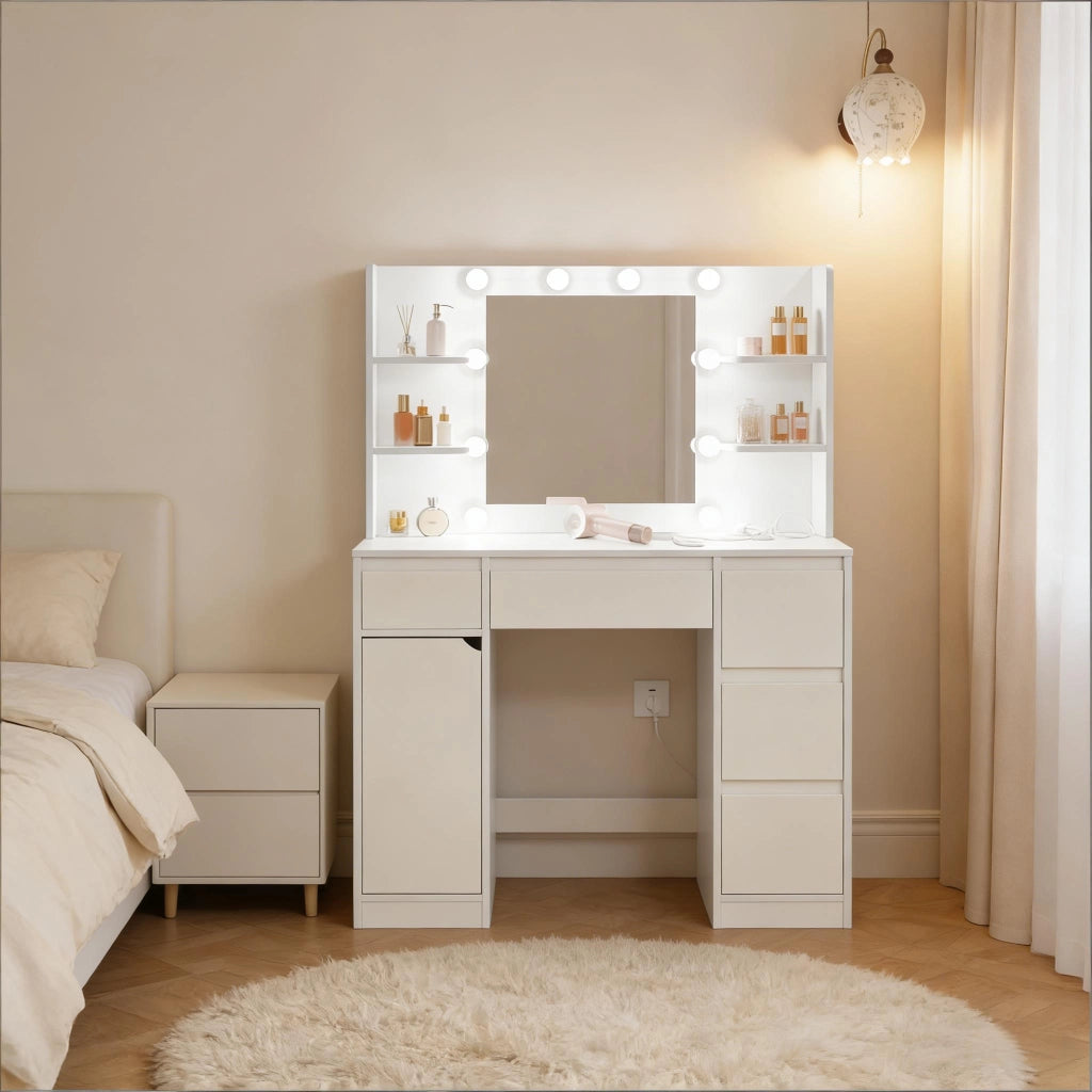 Toeletta con 5 cassetti; 4 ripiani aperti e armadio con anta; specchio e LED per camera da letto; 110×40×140 cm