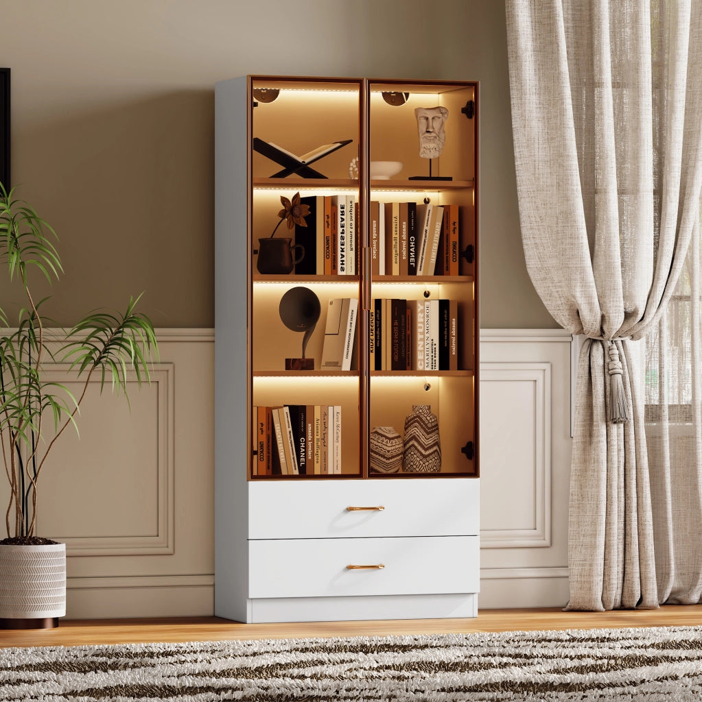 Armadio da bagno 75x34.5x170 cm con vani aperti e vetro temperato in MDF bianco