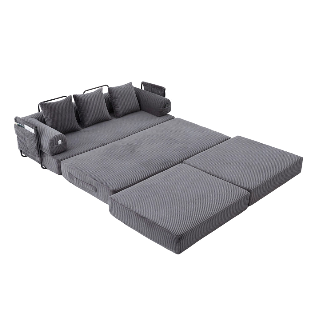 Divano modulare in velluto a coste con pouf, 3 cuscini e tasca laterale, grigio scuro