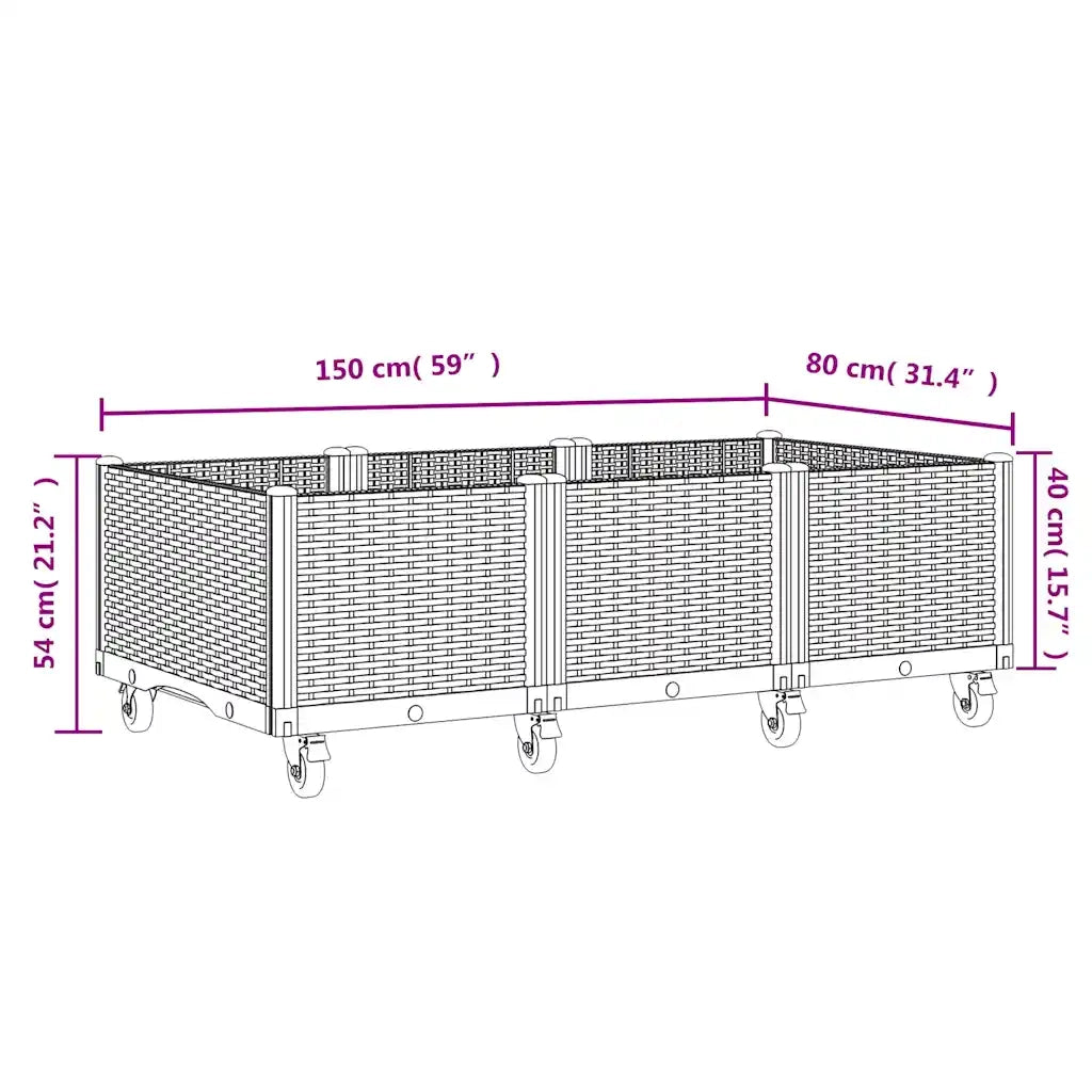 Fioriera | Cassetta per fiori | Vaso da Giardino con Ruote Grigio Blu 150x80x54 cm in PP