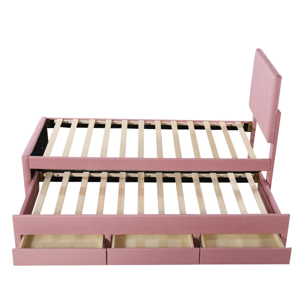 Letto imbottito multifunzione con letto estraibile e 3 cassetti, colore rosa