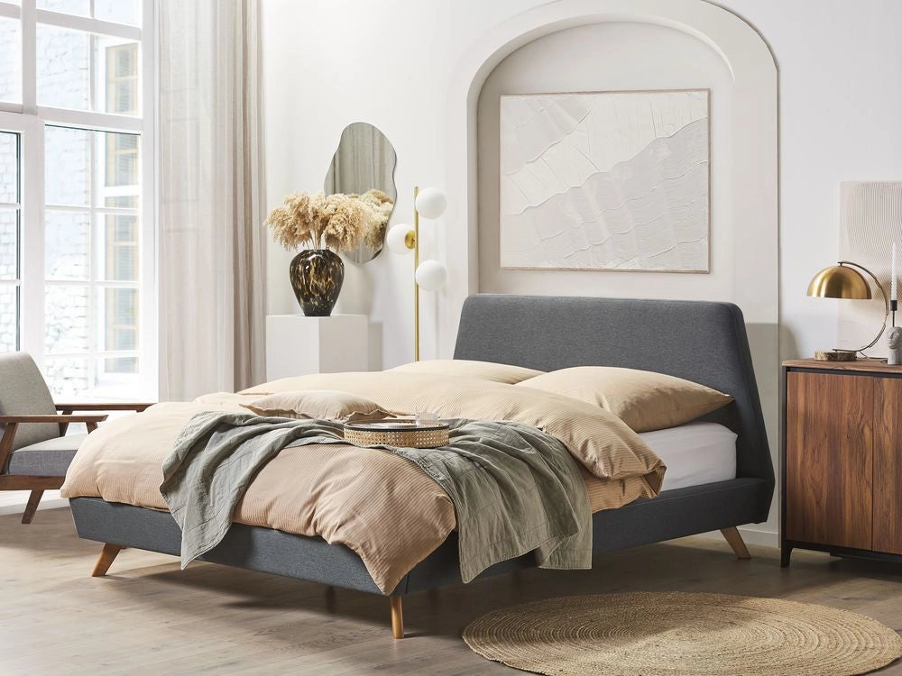 Letto rivestimento in tessuto grigio Gambe in legno chiaro 180 x 200 cm Retro