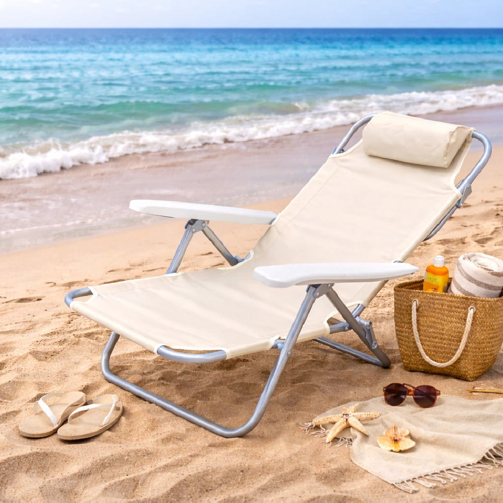 Sedia Spiaggina Prendisole Pieghevole Reclinabile 5 Posizioni Crema Mare Spaggia