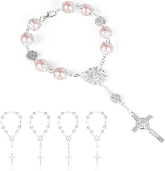 Armband per bambina con croce e rosario - 10 pezzi - rosa