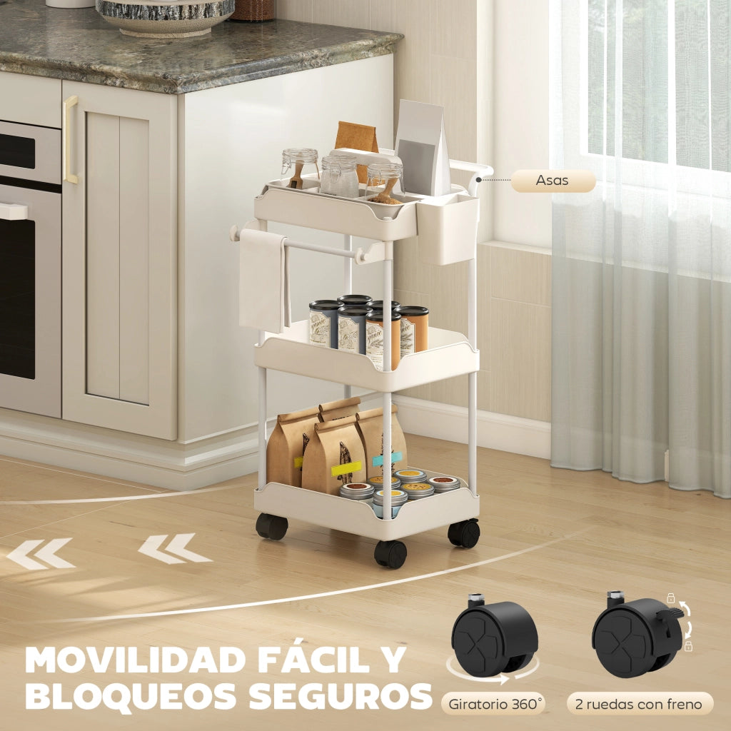 Carrello Ausiliario 3 Ripiani con Ruote ¨C Xylo ¨C Bianco con Cestini Estraibili