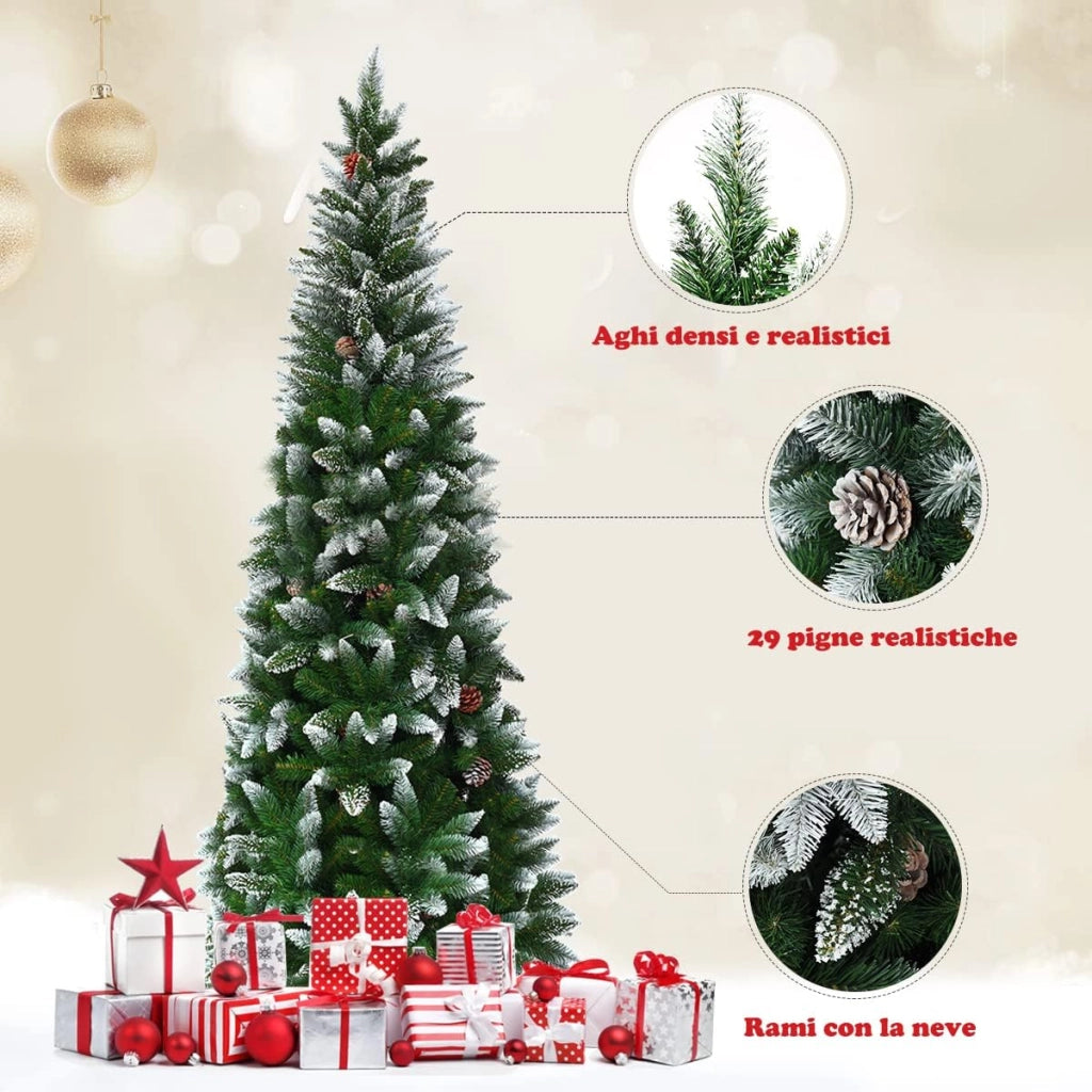 Albero di Natale Innevato 220 cm, Albero di Natale Slim con Pigne, Base di Metallo e Rami Rigogliosi in PVC, Albero di Natale per Casa, Ufficio e Negozio (220 cm)
