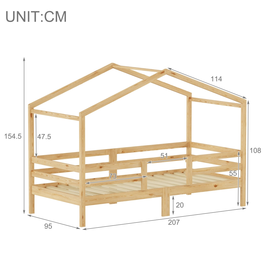 Letto a casetta per bambini 90x200 cm in legno massello di pino, per maschietti e femminucce, con tetto a forma di casetta, protezione anticaduta su t