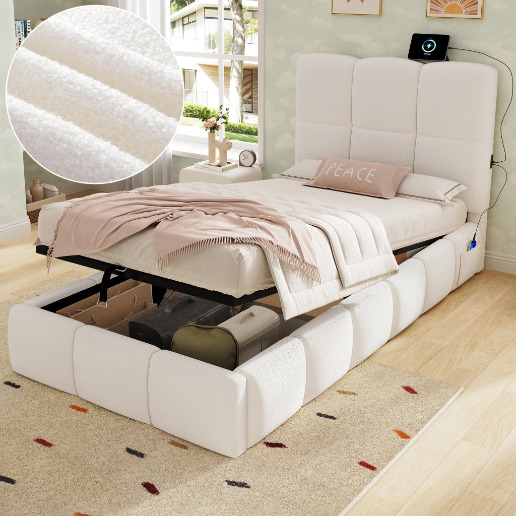 LETTO Contenitore 90x200 cm Bouclé Beige con rete a doghe e USB-C