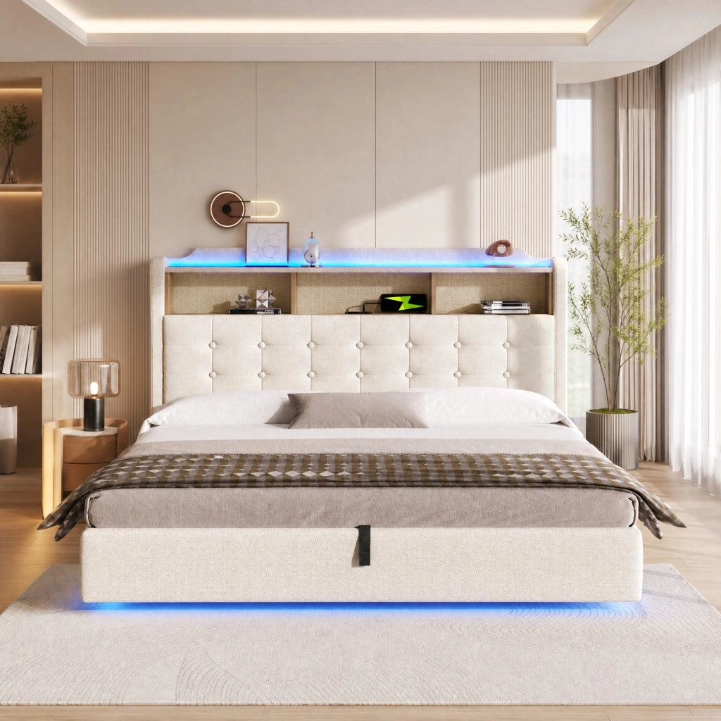 DESMIU Letto contenitore 180 × 200 cm 2 posti con LED, USB, Type-C, senza materasso, beige