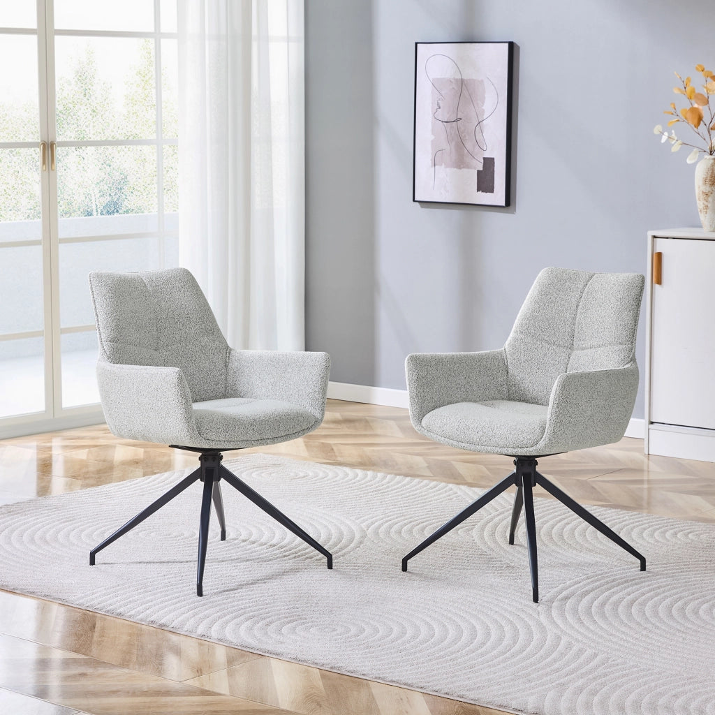 Chaise da pranzo girevole a 360° con braccioli e imbottitura in schiuma, in tessuto grigio chiaro e metallo nero