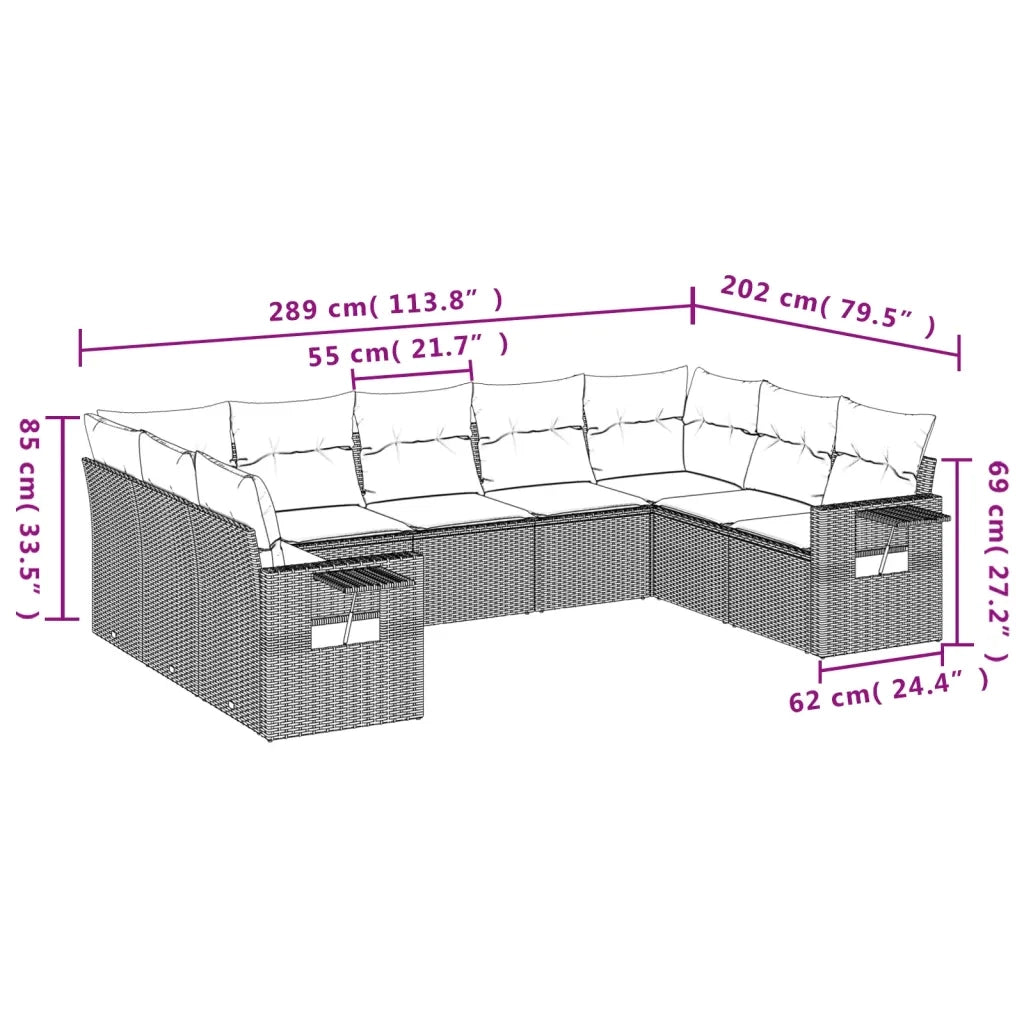 Set Divano da Giardino 9 pz con Cuscini Beige in Polyrattan