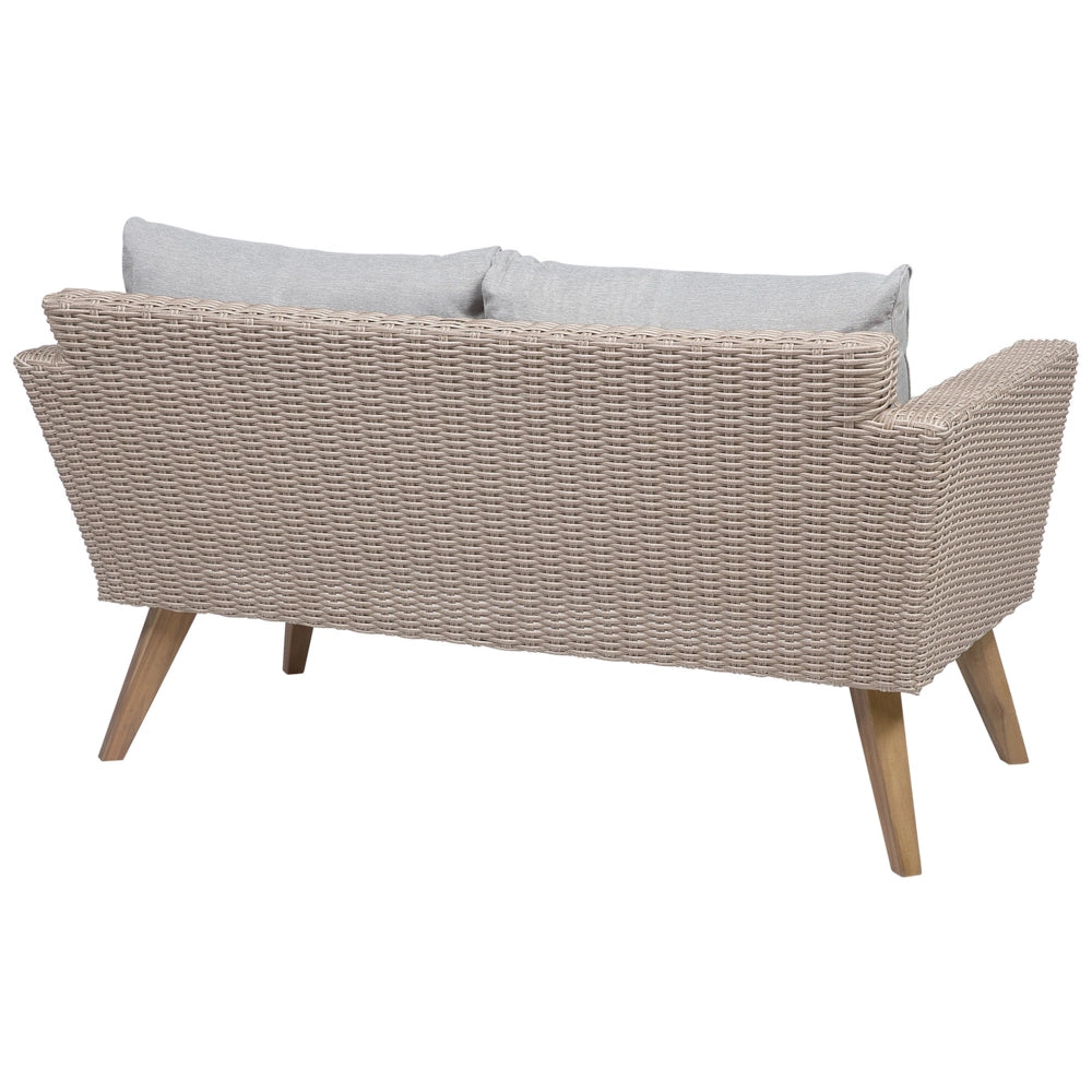 Set Esterno Rattan di colore Marrone Divanetto 2 Poltrone Tavolino Cuscini Grigi terrazzo giardino