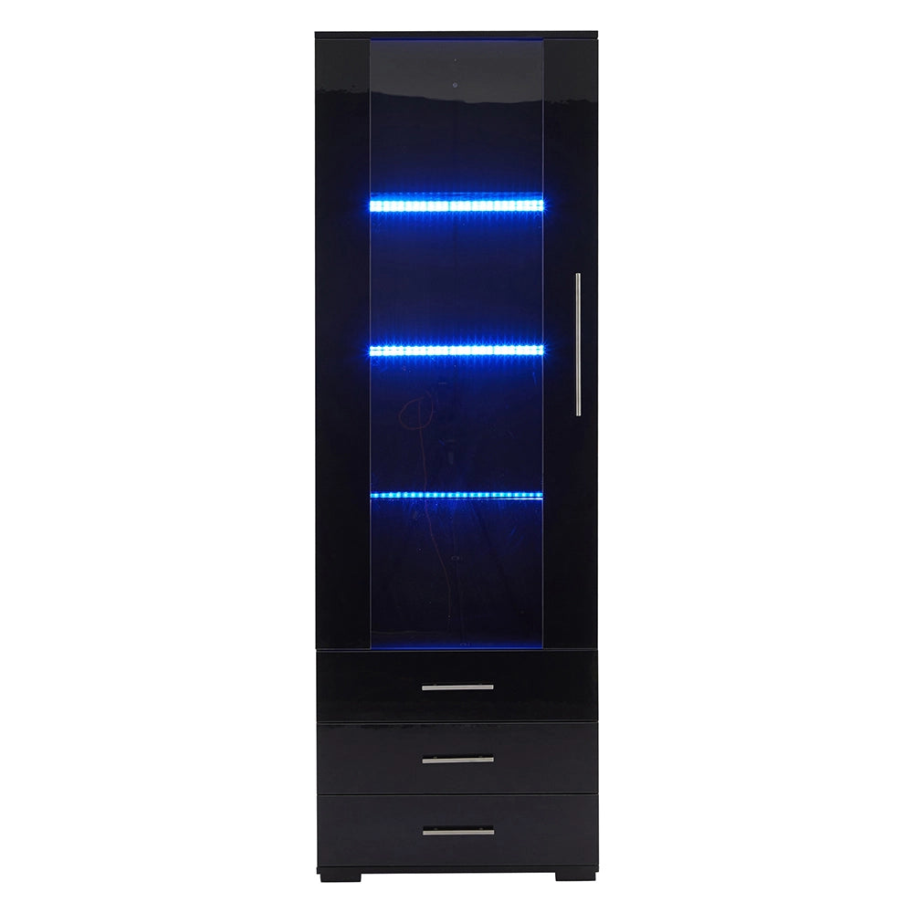 Vetrina verticale in vetro - Xylo - 60*35*180 cm - Nero brillante - LED, 3 cassetti