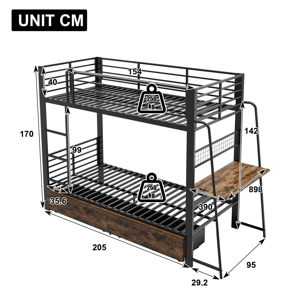 letto a castello metallo mdf nero 90 x 200 cm