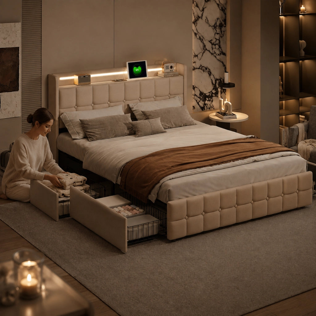 Letto matrimoniale 180x200 cm tessuto lino beige, testiera imbottita con luci RGB‑LED, porte USB, controllo app e telecomando, 4 cassetti contenitori su ruote, doghe in legno