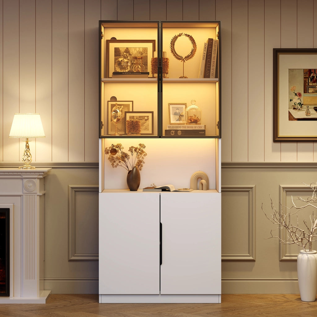 Vetrina moderna in legno truciolare con porte in vetro, LED regolabile, 80x30x200 cm, bianca