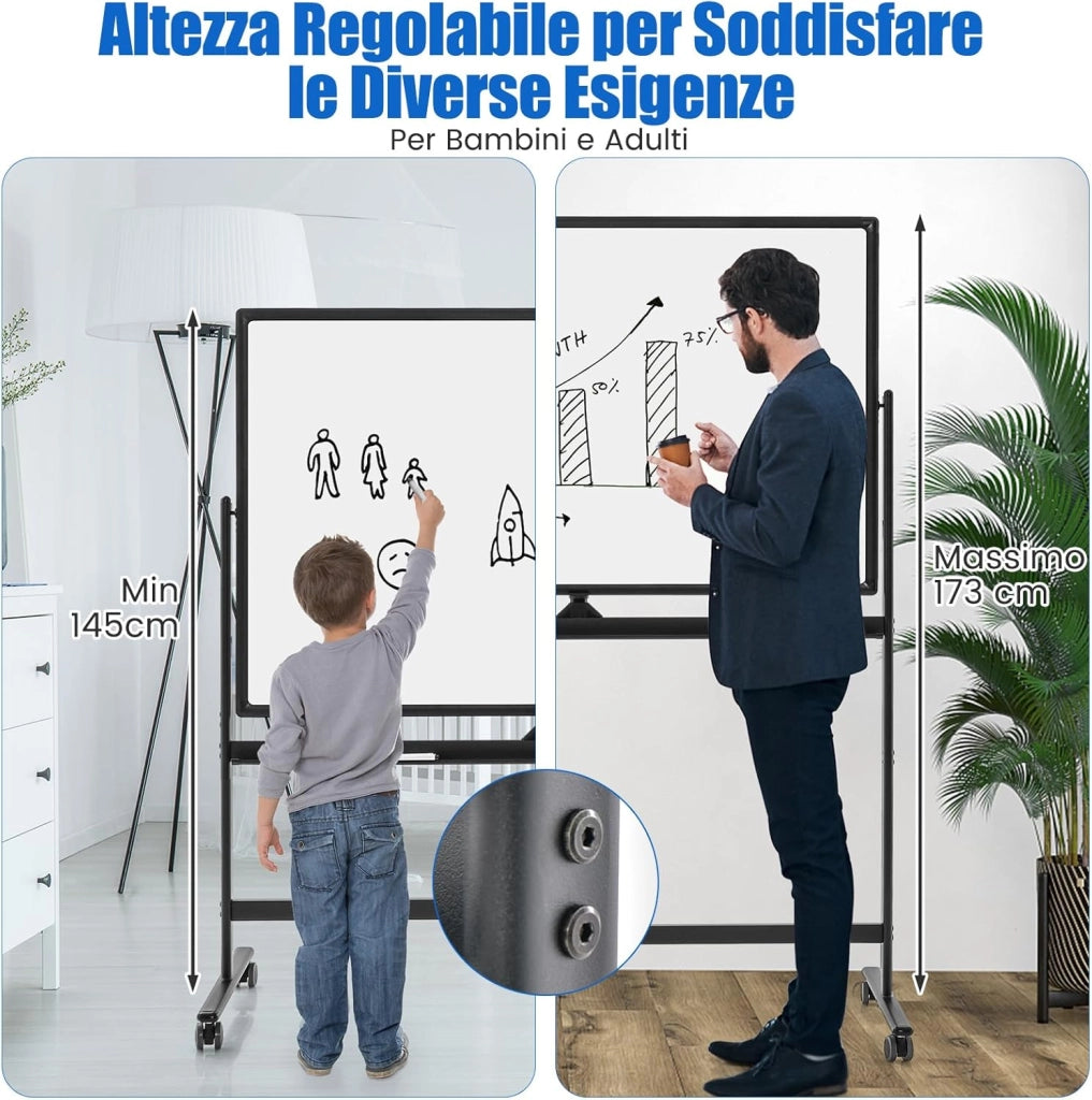 Lavagna Bianca Portatile con Ruote, Lavagna Bianca Regolabile in Altezza, Lavagna a Secco Reversibile per Scuola, Ufficio, Casa, 80 x 120 cm (Nero)