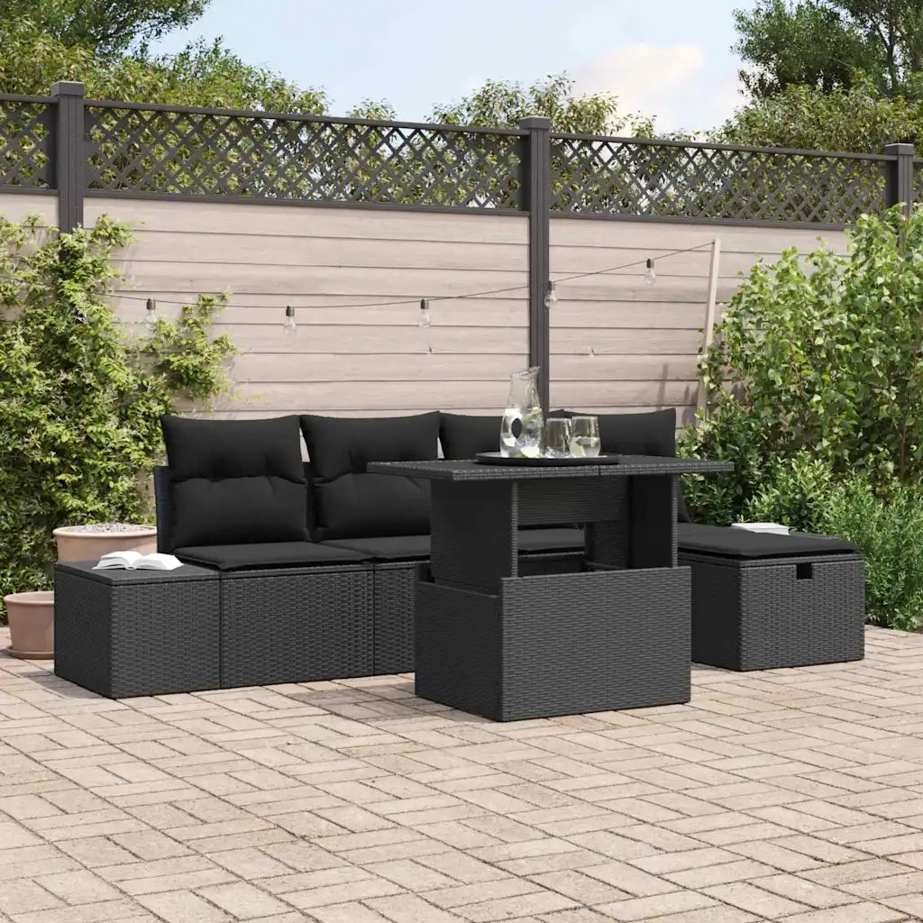 Set Divano da Giardino con cuscino 6 pcs Nero Poly Rattan