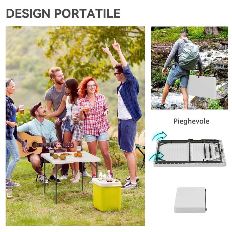 TAVOLO DA CAMPEGGIO PIEGHEVOLE CON 2 ALTEZZE REGOLABILI IN HDPE E METALLO, 86X86X74 CM, BIANCO
