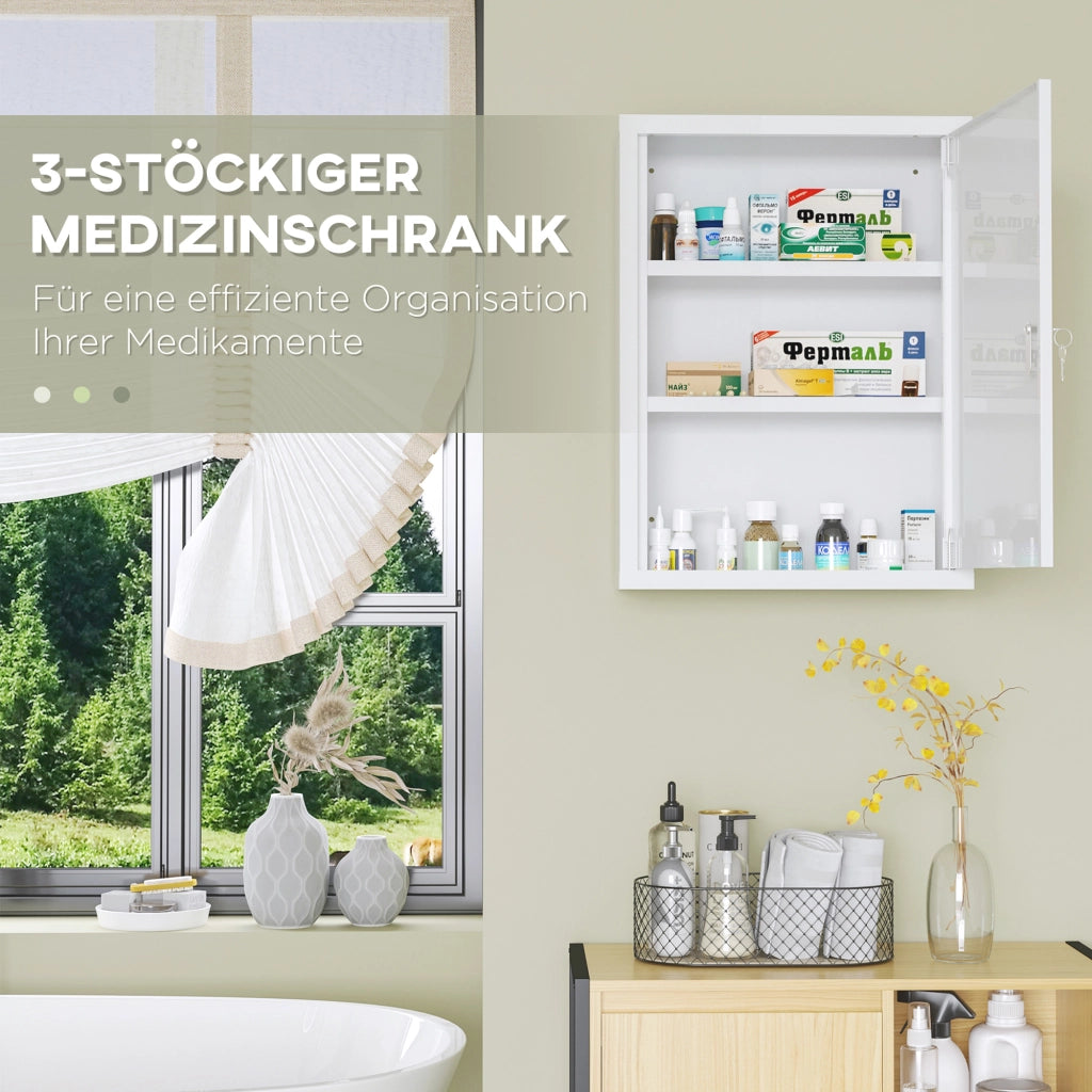 Armadietto da farmacia a muro con serratura e 2 chiavi, in acciaio bianco, 40x15x53,5 cm, per bagno e cucina.