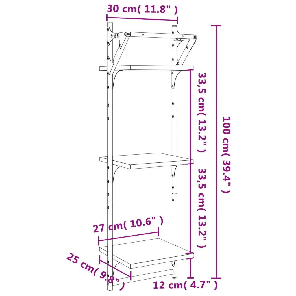 2 pz Mensole a Parete | Scaffale Parete | Ripiano a parete con Aste Grigio Sonoma 30x25x100 cm