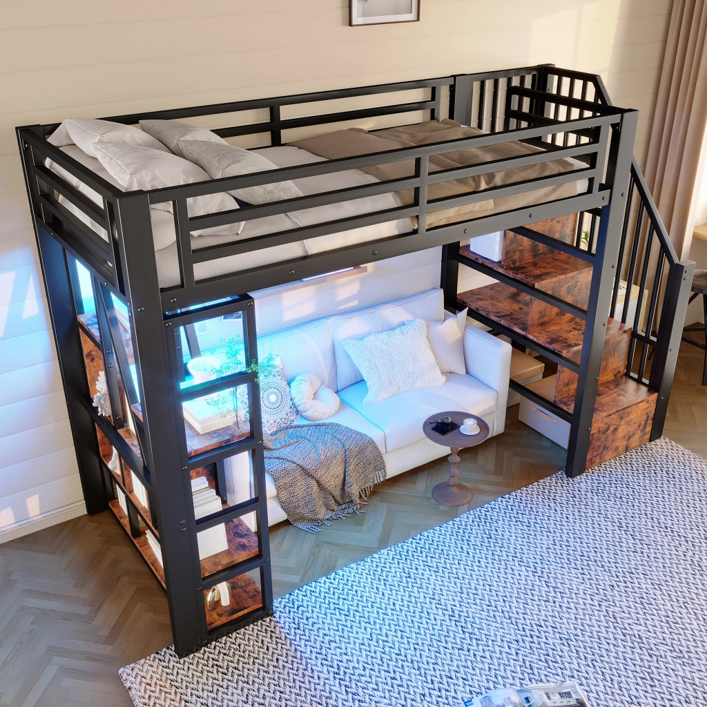 LETTO a soppalco 90x200 cm in metallo e MDF nero con scala e LED