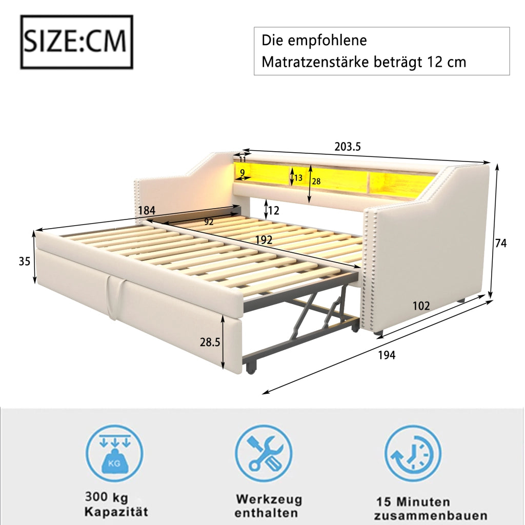 Letto estraibile matrimoniale 90×190 cm e 180×190 cm con LED; USB e ripiani; materasso incluso; beige