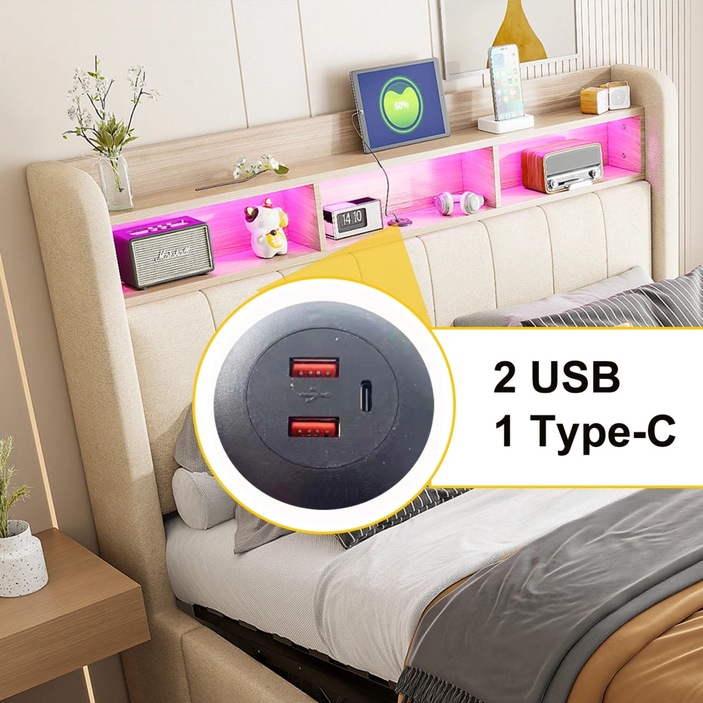 LETTO Imbottito 180x200 cm Beige con LED, USB e contenitore