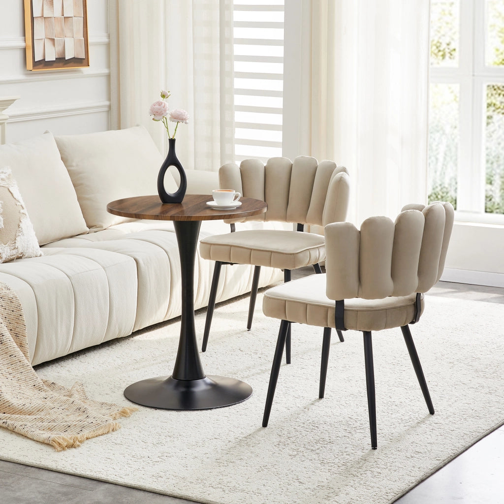 Set tavolo e sedie con 1 tavolo rotondo e 2 sedie con schienale a petalo in MDF; velluto e metallo noce e nero