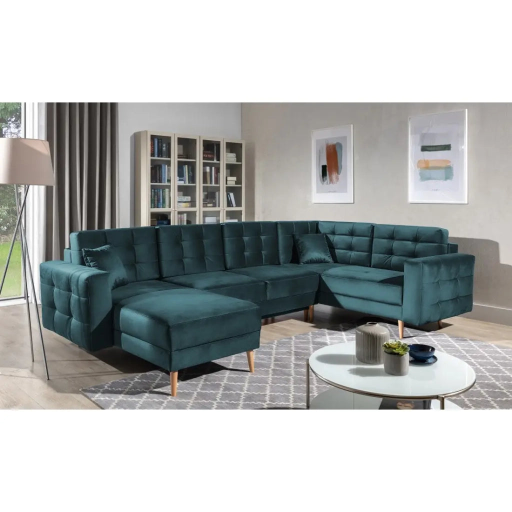 Divano angolare panoramico convertibile U HASGARD 326 cm blu petrolio velluto con contenitore