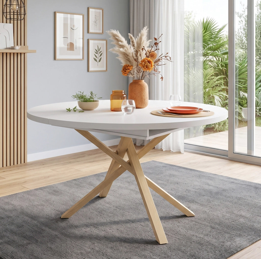 Tavolo da pranzo allungabile rotondo 100/140x100 cm in MDF e metallo; bianco