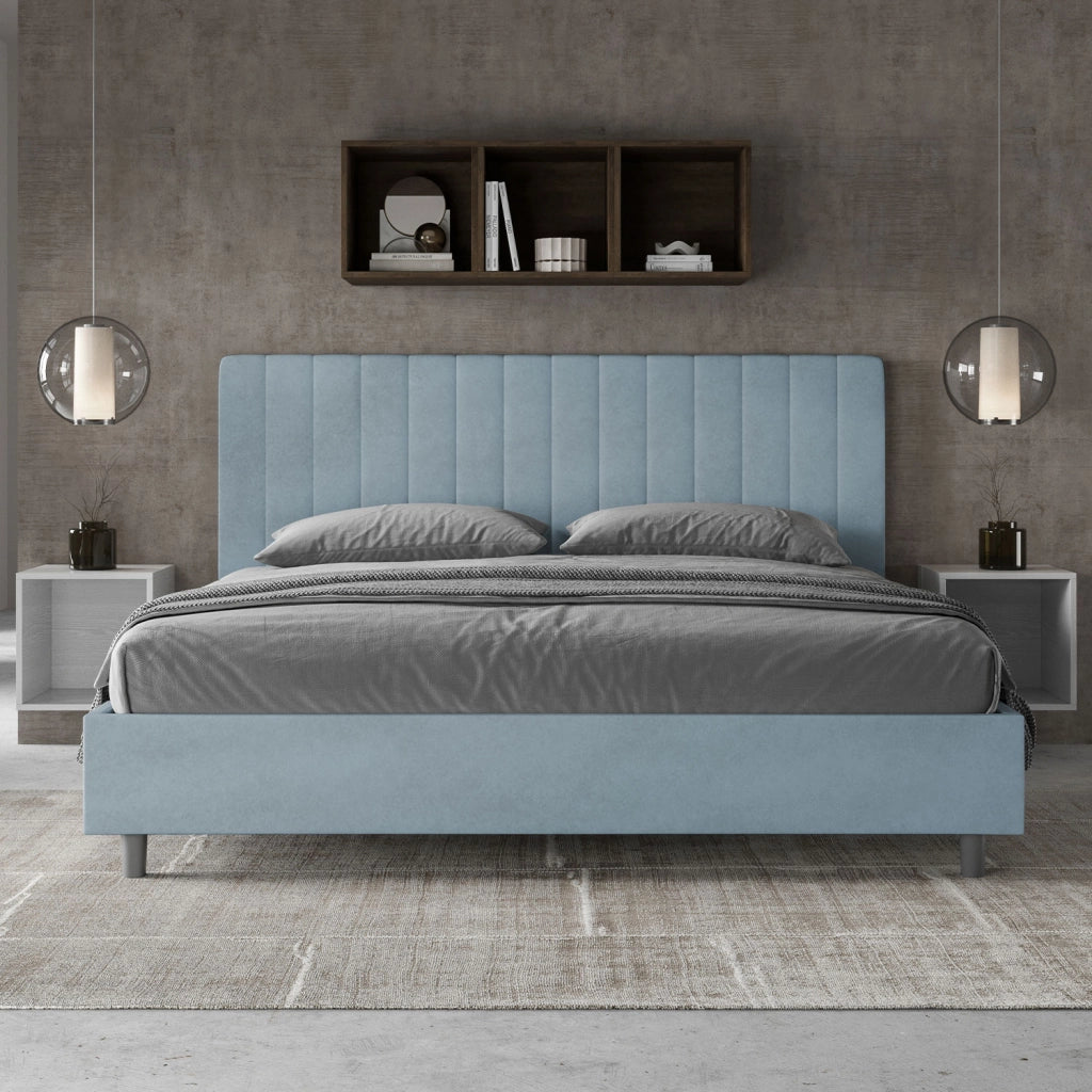 BS COM Letto matrimoniale king size contenitore imbottito 180x210 microfibra azzurro