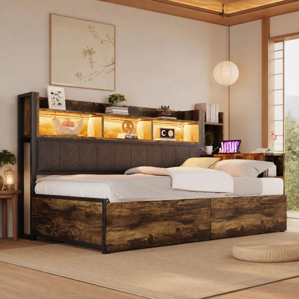 Letto singolo multifunzione 90x200 cm in metallo e legno; color legno naturale; con scrivania e vani contenitore