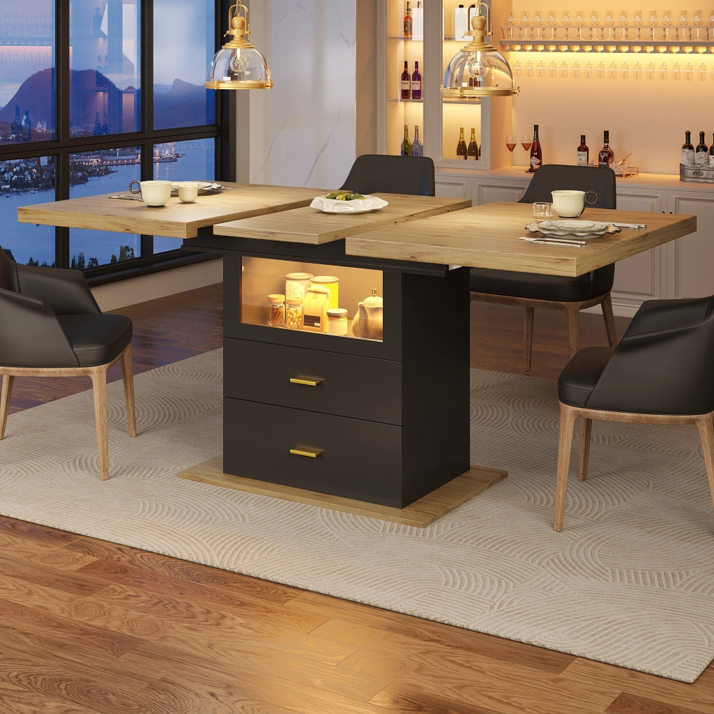Tavolo da pranzo allungabile 110-140 x 80 x 75 cm con LED, 2 cassetti, MDF e metallo