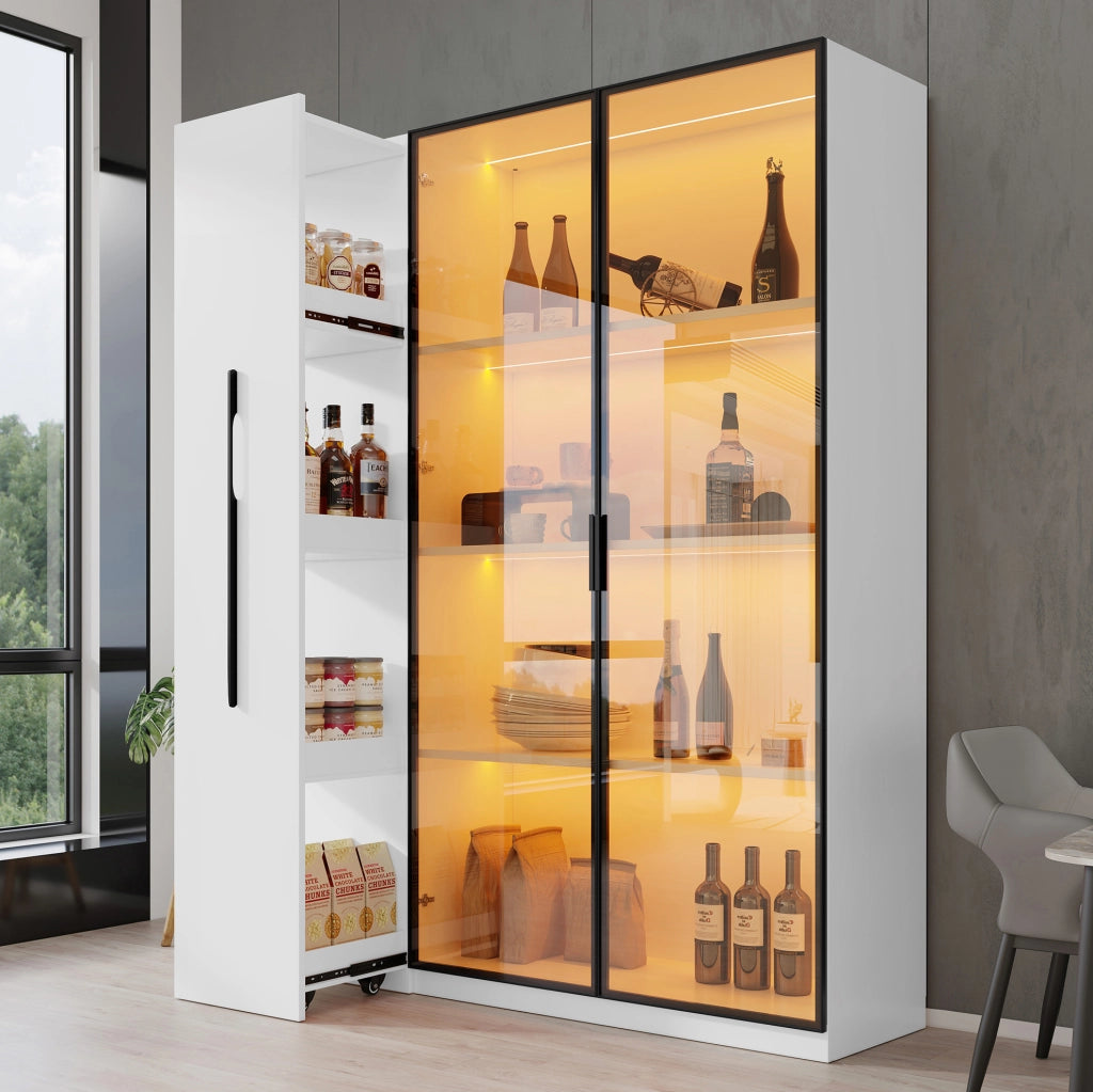 Vetrina 110.5x35x160 cm con LED integrato e vano laterale estraibile in MDF bianco