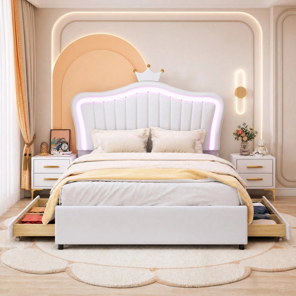 LETTO imbottito 140x200 cm bianco in PU con 4 cassetti e LED