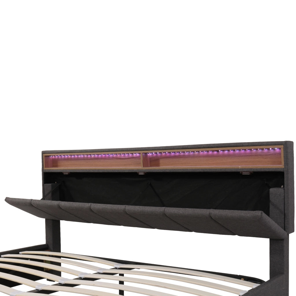 Letto contenitore 160×200 cm; letto matrimoniale con LED; spazio sotto il letto; senza materasso; in acciaio; grigio scuro